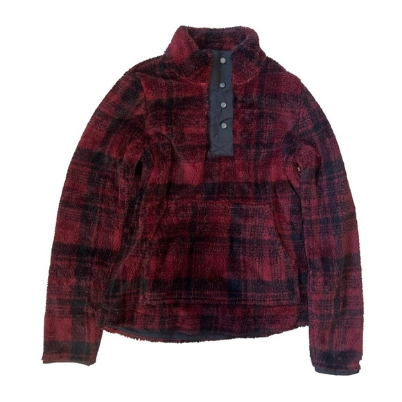 Eddie Bauer Womens Medium Top Sherpa Sweatshirt Red Black Plaid 1/4 Button New - Picture 1 of 8